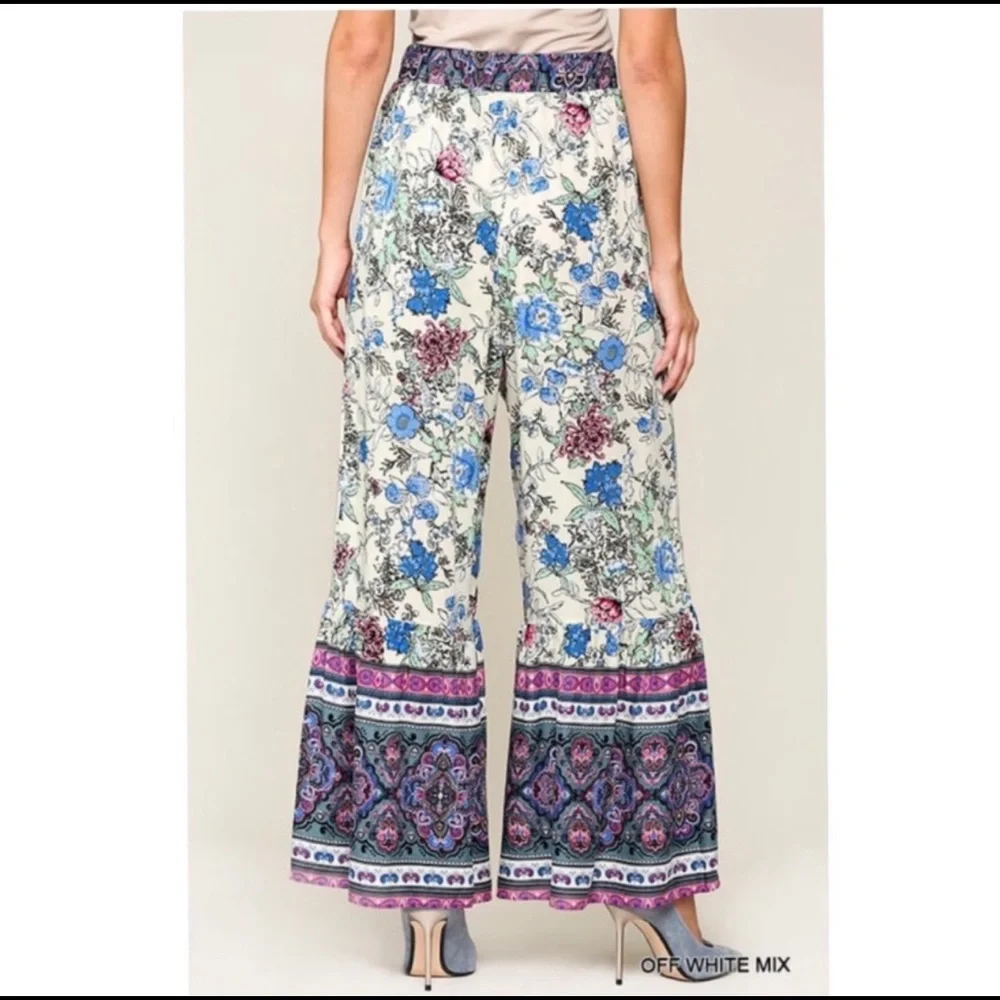New! Sale 🔥Floral Boho Wide Leg Drawstring Tassels Tie Waist Ruffled Hem Pants - Picture 5 of 7